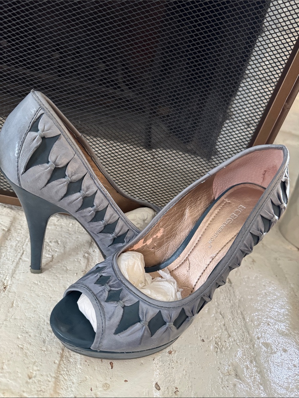 BCBGeneration Gray Open-Toe High Heels with Knot Accent